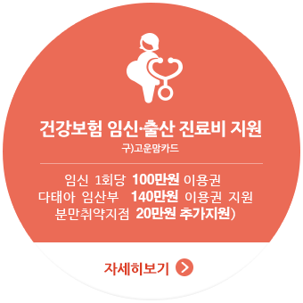 
					건강보험 임신·출산 진료비 지원 (구)고운맘카드,
					임산부라면 누구나, 60~100만원 지원,
					자세히보기