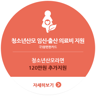 
					청소년산모 임신·출산 의료비 지원 (구)맘편한카드,
					청소년산모라면, 120만원 추가지원
					자세히보기