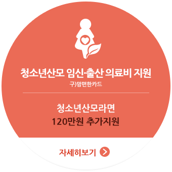 
					청소년산모 임신·출산 의료비 지원 (구)맘편한카드,
					청소년산모라면, 120만원 추가지원
					자세히보기